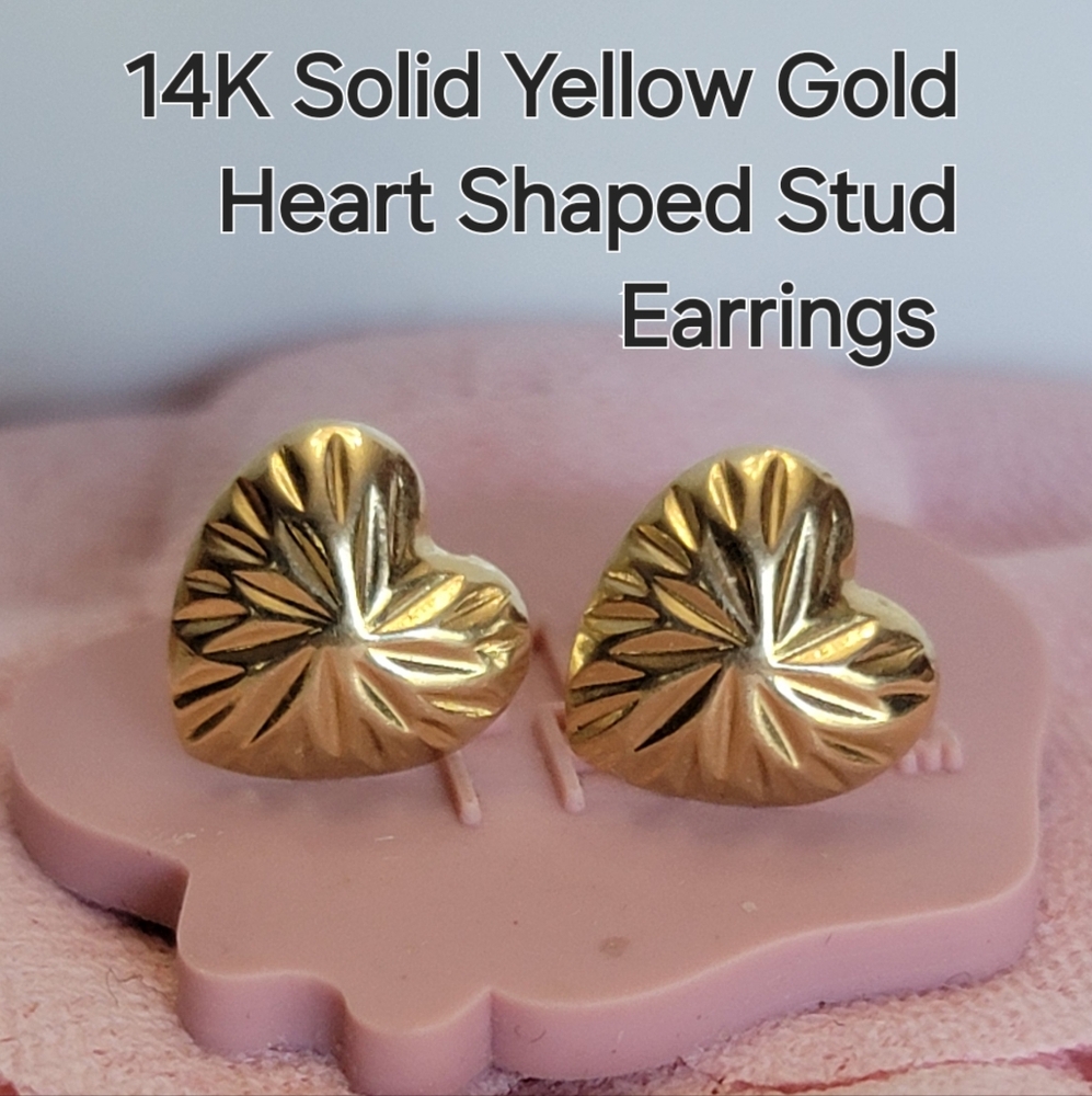 14k Solid Yellow Gold Heart Shape Stud Earrings - image 1